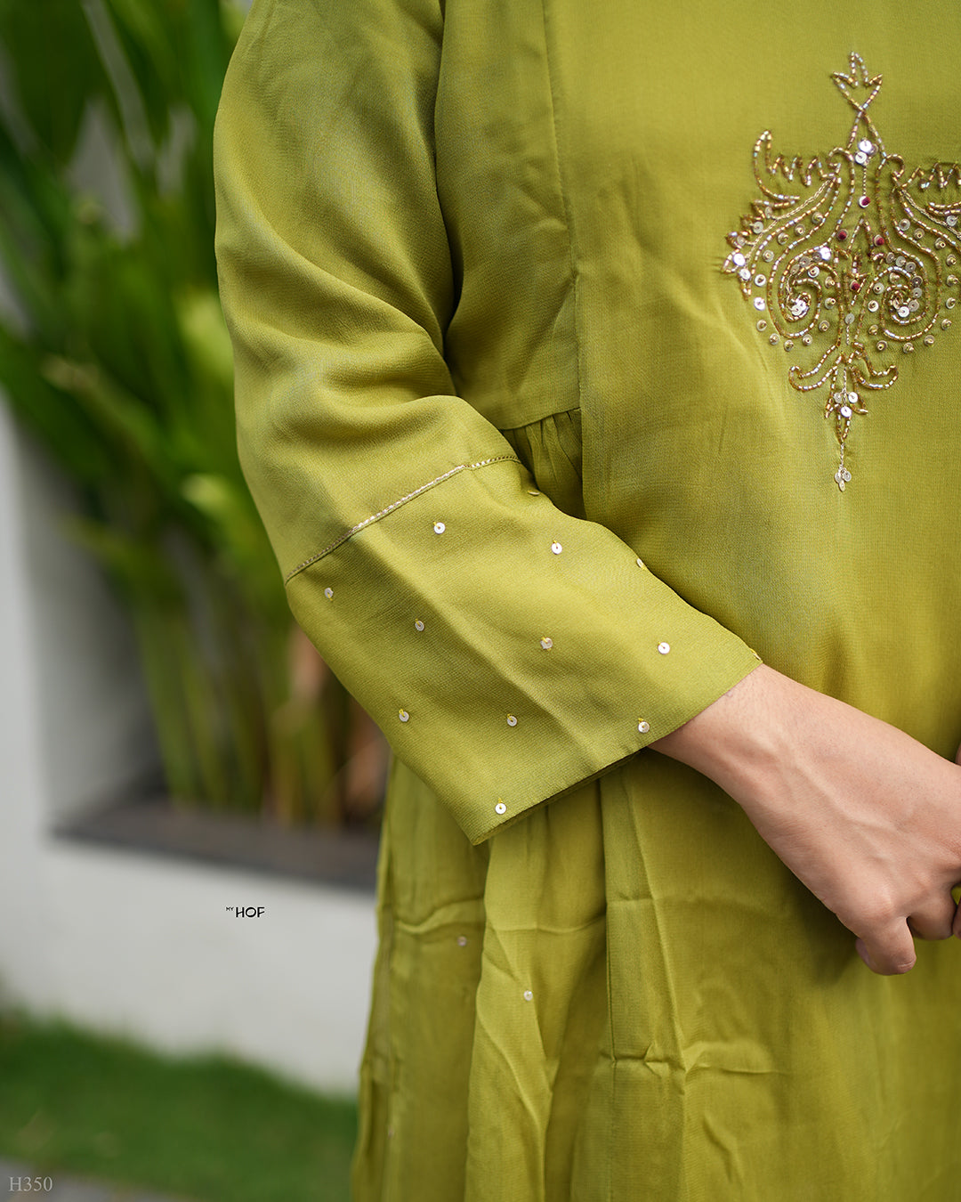 MY HOF Green Suit Set With Floral Hand Embroidery In Georgette