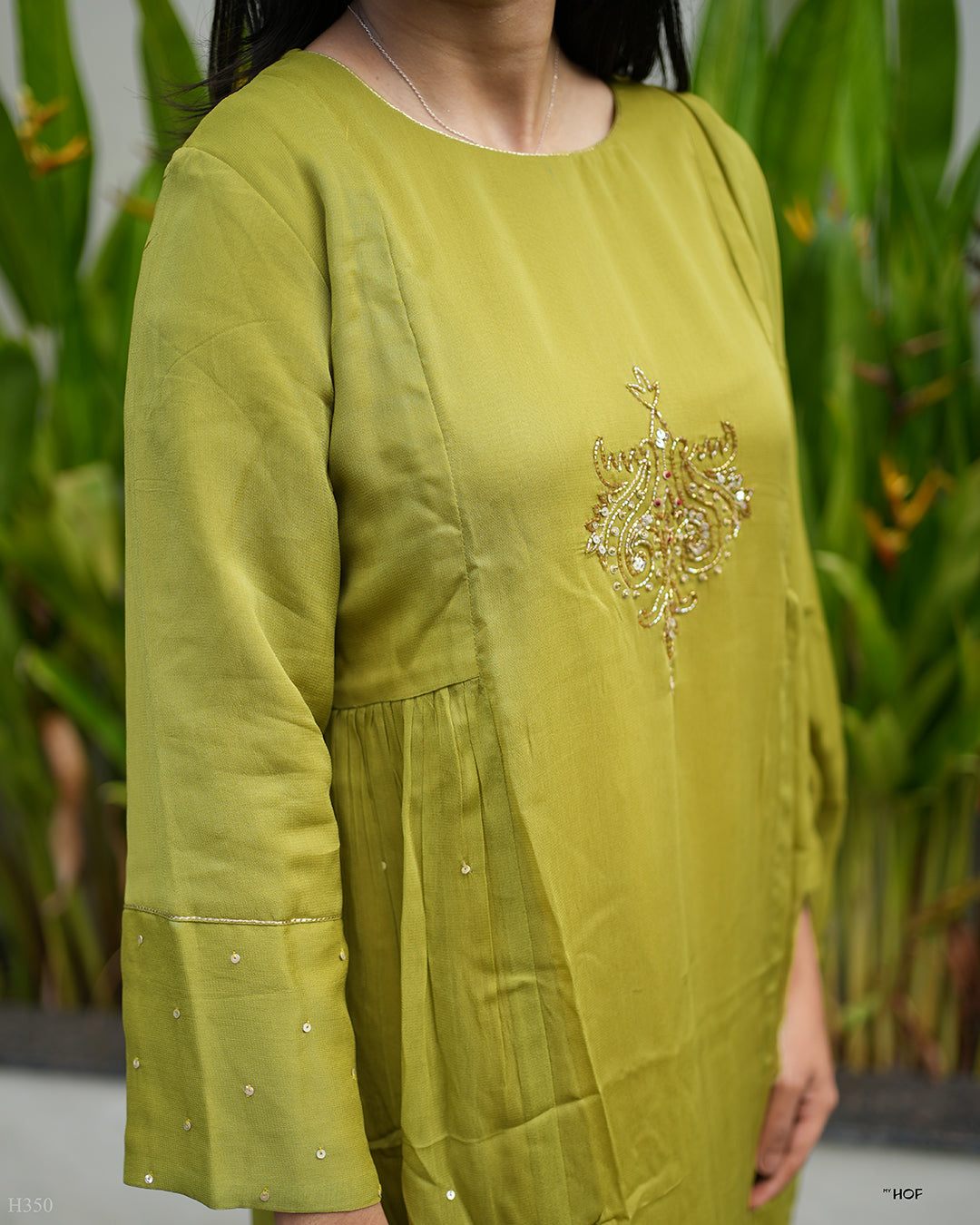 MY HOF Green Suit Set With Floral Hand Embroidery In Georgette