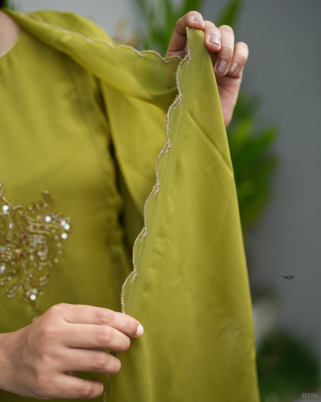 MY HOF Green Suit Set With Floral Hand Embroidery In Georgette