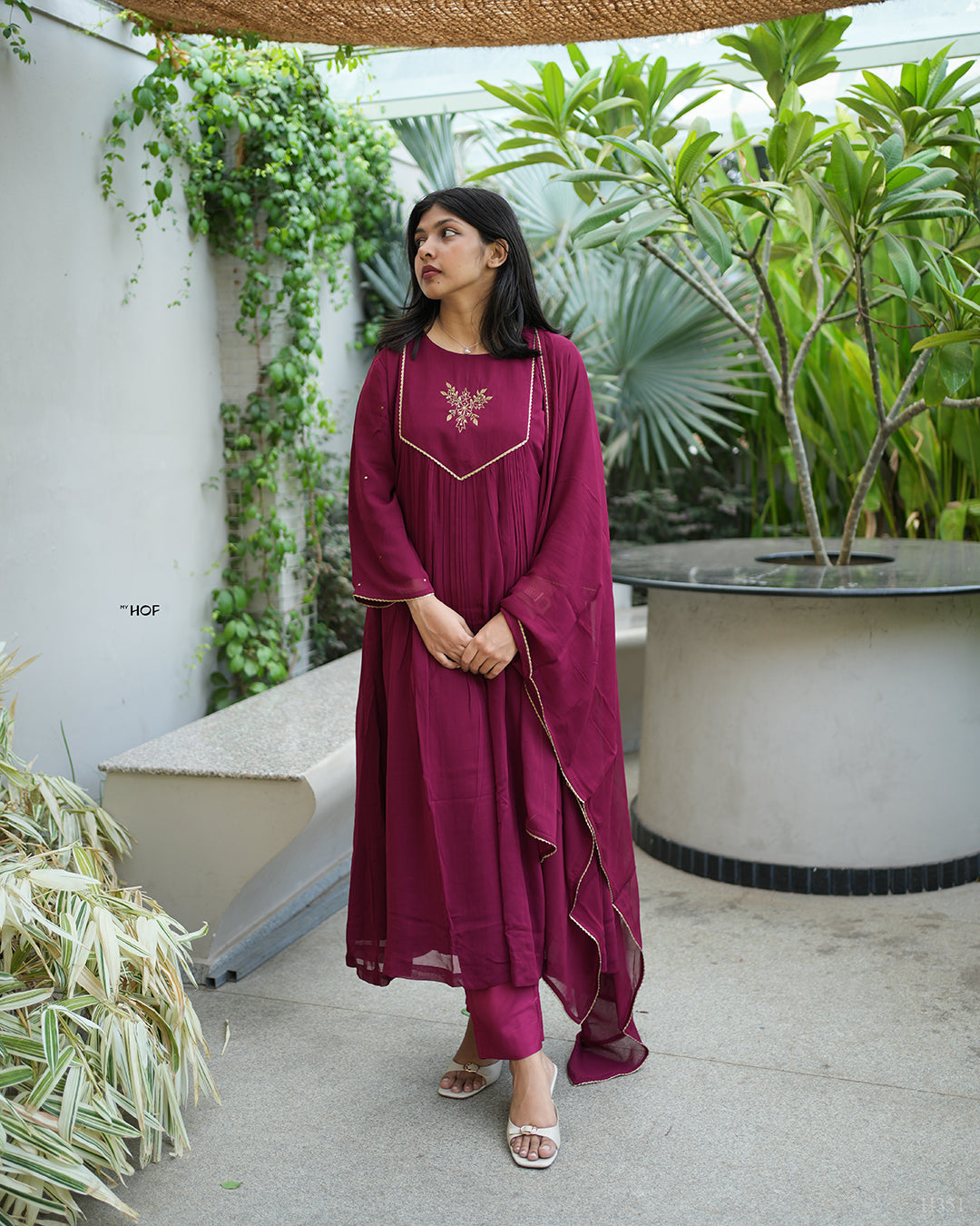 MY HOF Maroon Suit Set With Hand Embroidery In Georgette