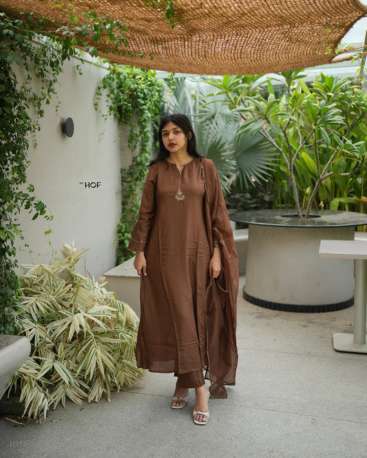 MY HOF Choco Brown Suit Set With Hand Embroidery In Muslin