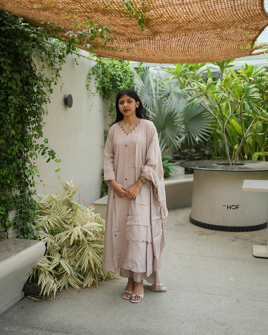 MY HOF Onion Pink Suit Set With Floral Hand Embroidery In Muslin