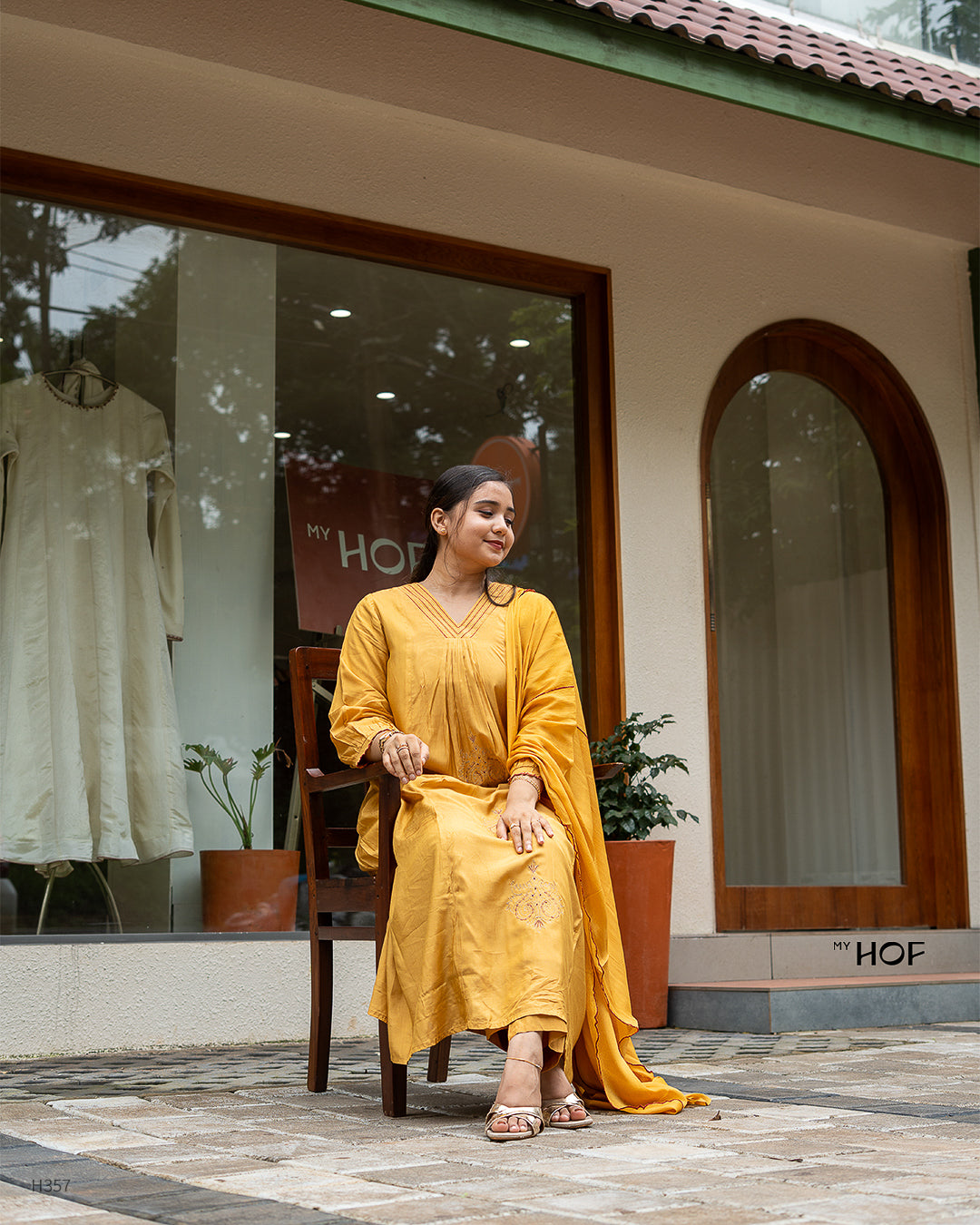 MY HOF Mustard Yellow Suit Set With Floral Embroidery In Muslin