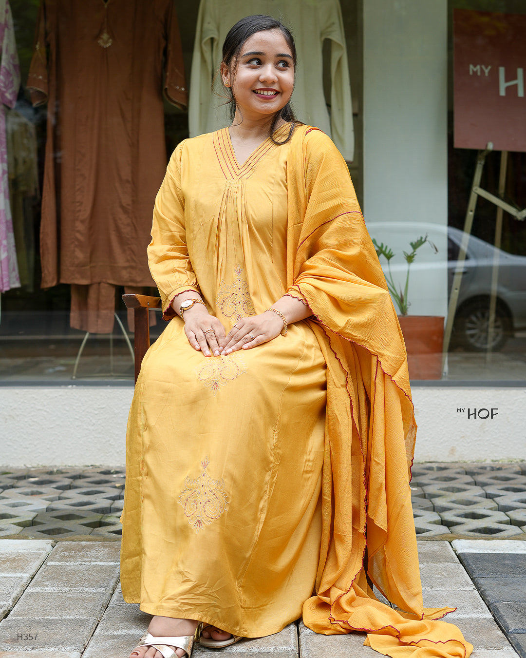 MY HOF Mustard Yellow Suit Set With Floral Embroidery In Muslin