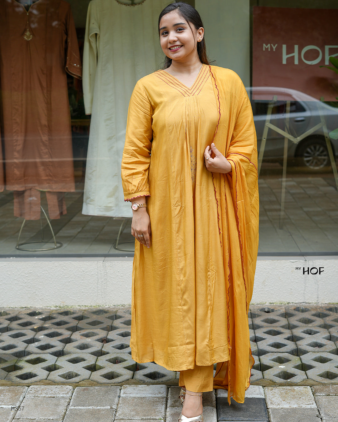 MY HOF Mustard Yellow Suit Set With Floral Embroidery In Muslin