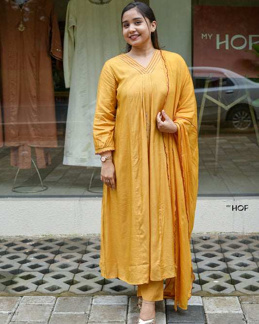 MY HOF Mustard Yellow Suit Set With Floral Embroidery In Muslin