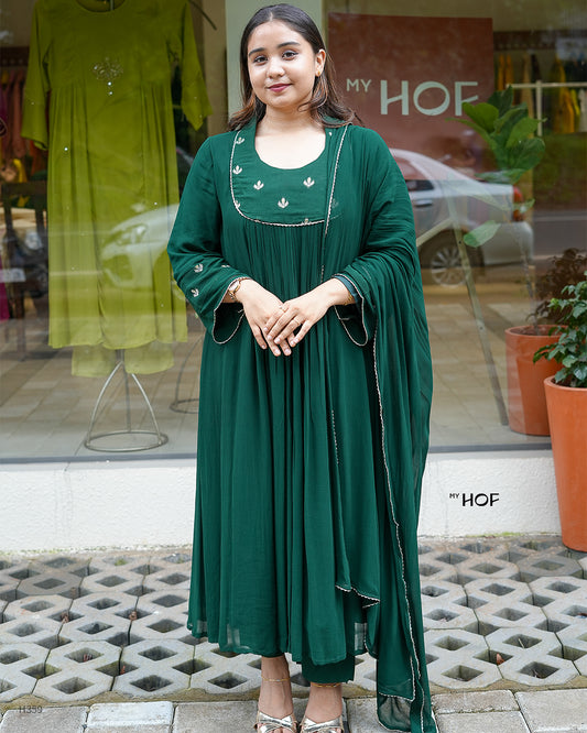 MY HOF Bottle Green Suit Set In Georgette