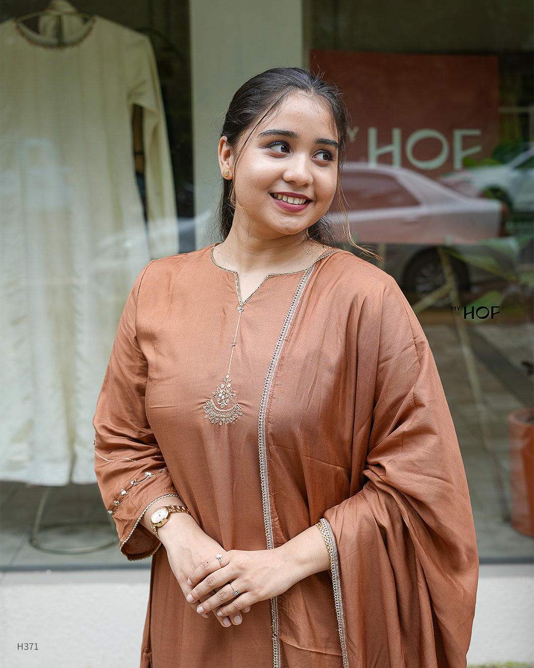MY HOF Choco Brown Suit Set With Hand Embroidery In Muslin