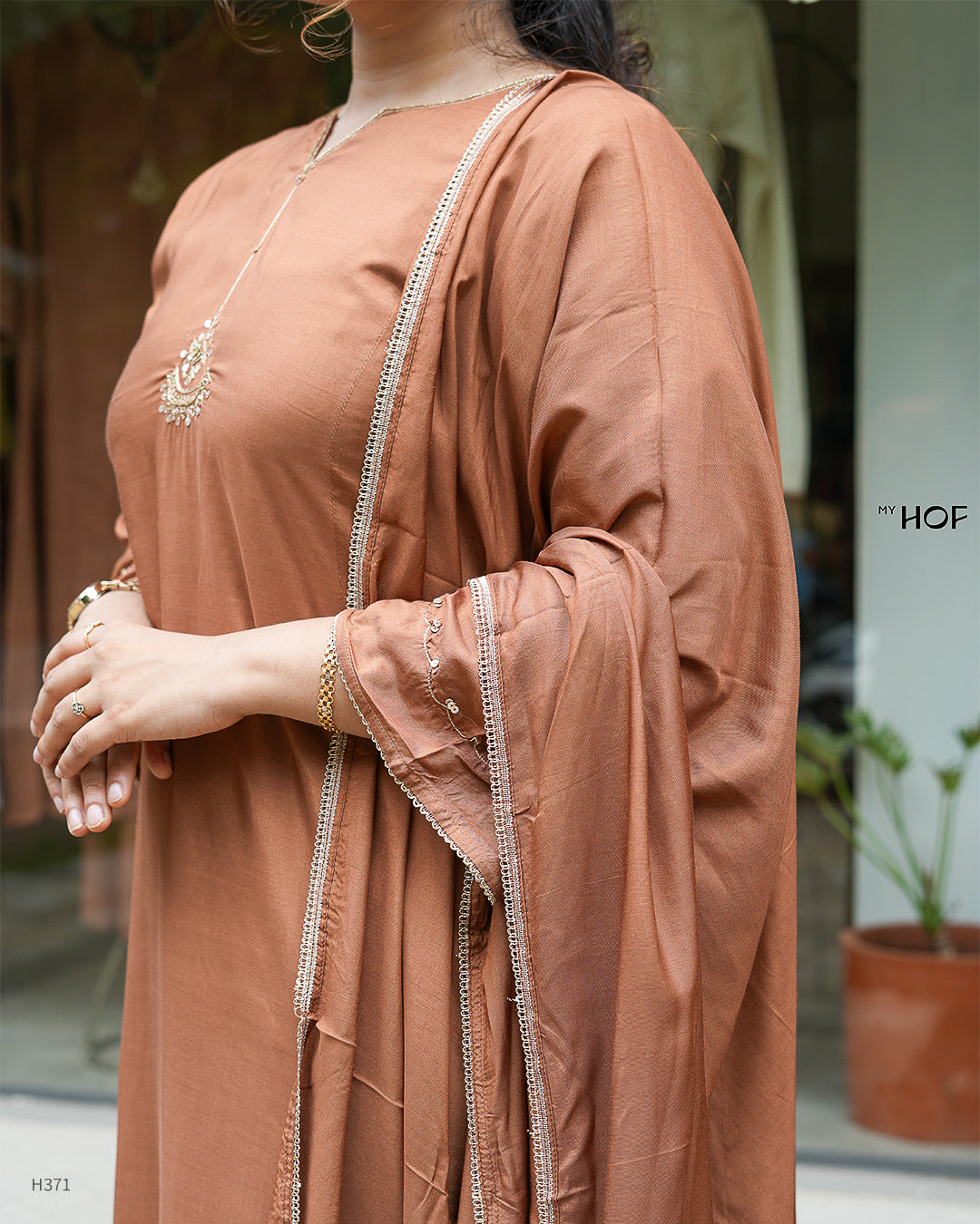 MY HOF Choco Brown Suit Set With Hand Embroidery In Muslin