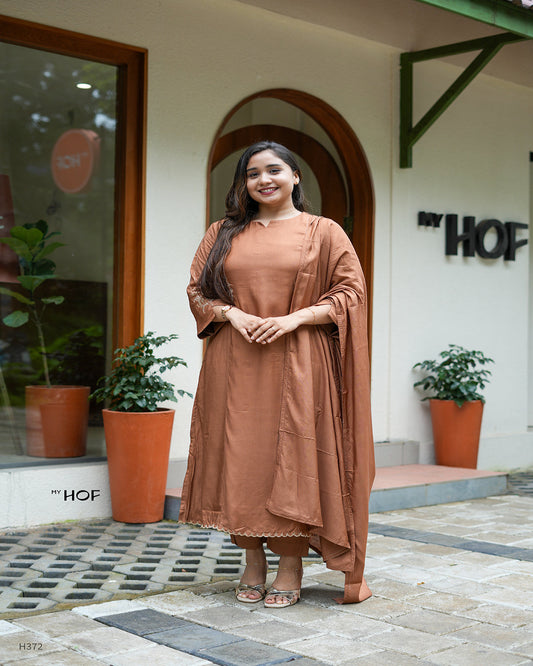MY HOF Choco Brown Suit With Floral Zari Embroidery In Muslin