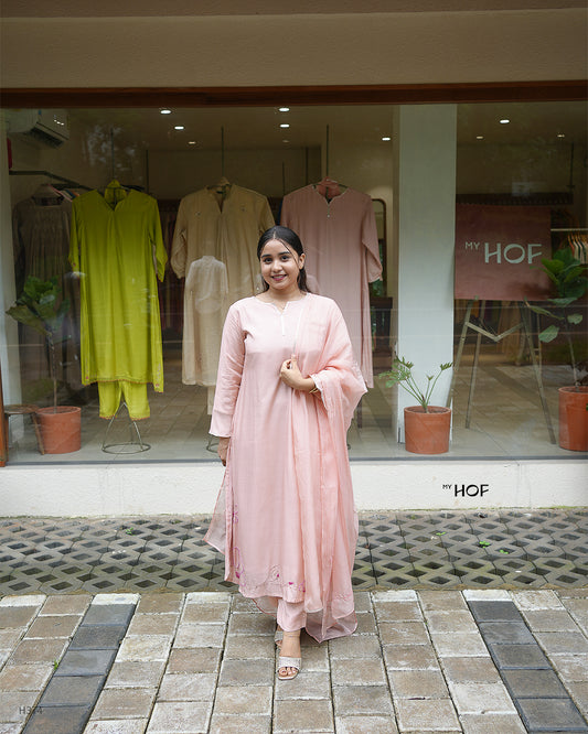 MY HOF Pastel Pink Suit Set With Hand Embroidery In Muslin