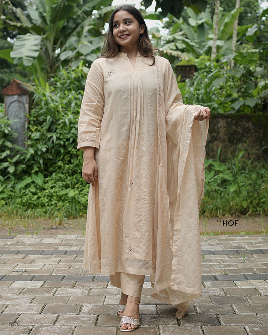 MY HOF Beige Suit Set With Hand Embroidery In Kota Checks