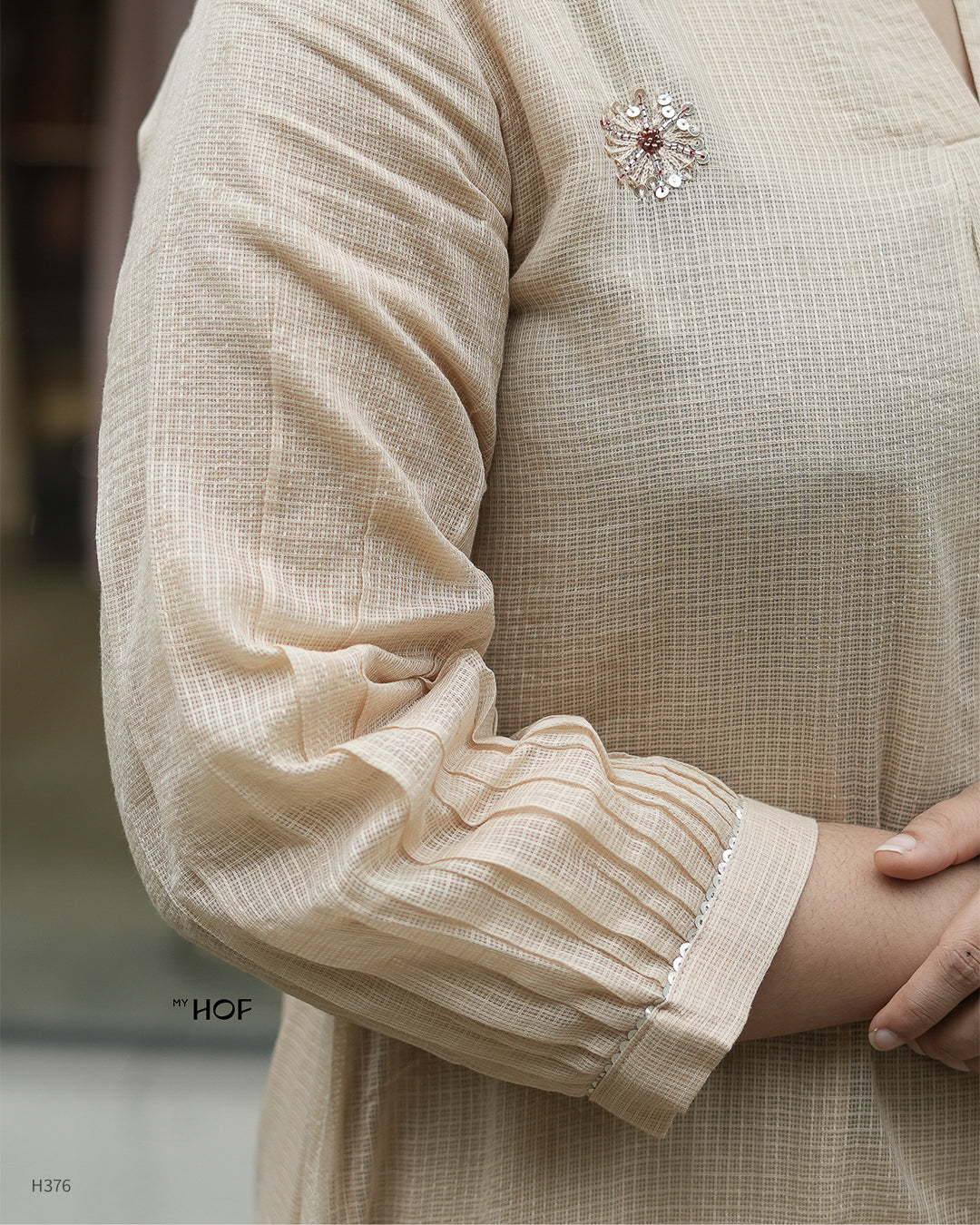 MY HOF Beige Suit Set With Hand Embroidery In Kota Checks