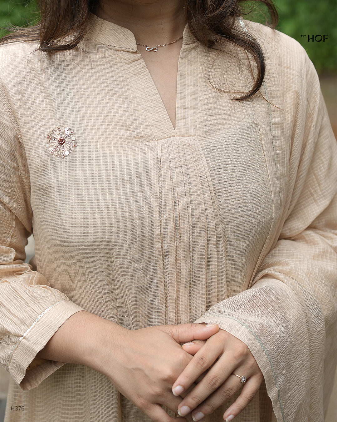 MY HOF Beige Suit Set With Hand Embroidery In Kota Checks