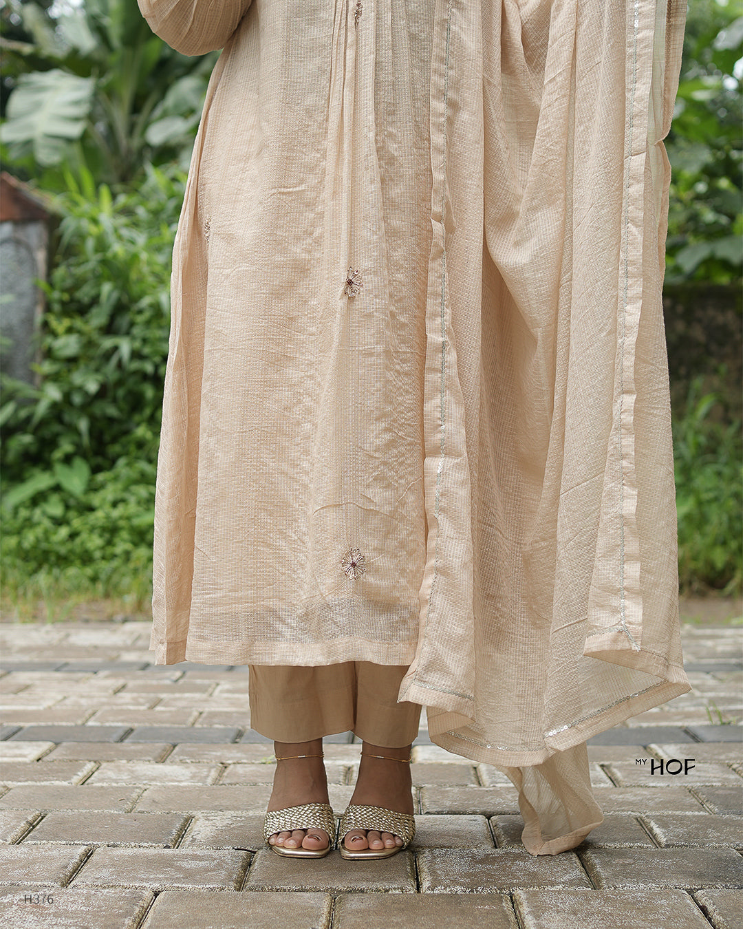 MY HOF Beige Suit Set With Hand Embroidery In Kota Checks