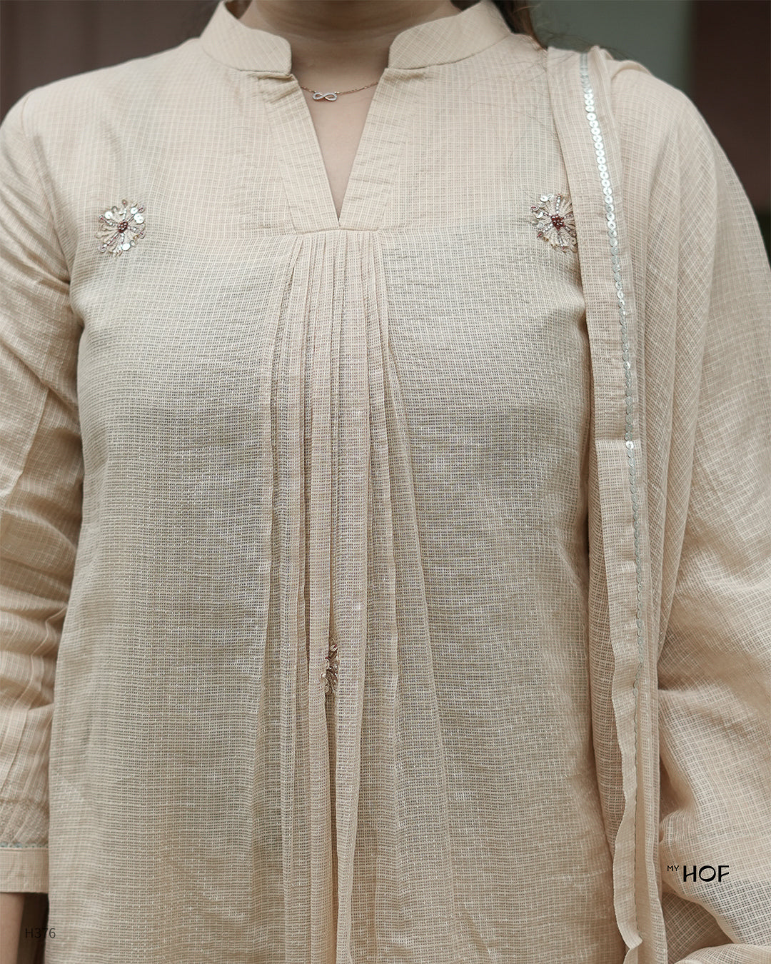 MY HOF Beige Suit Set With Hand Embroidery In Kota Checks