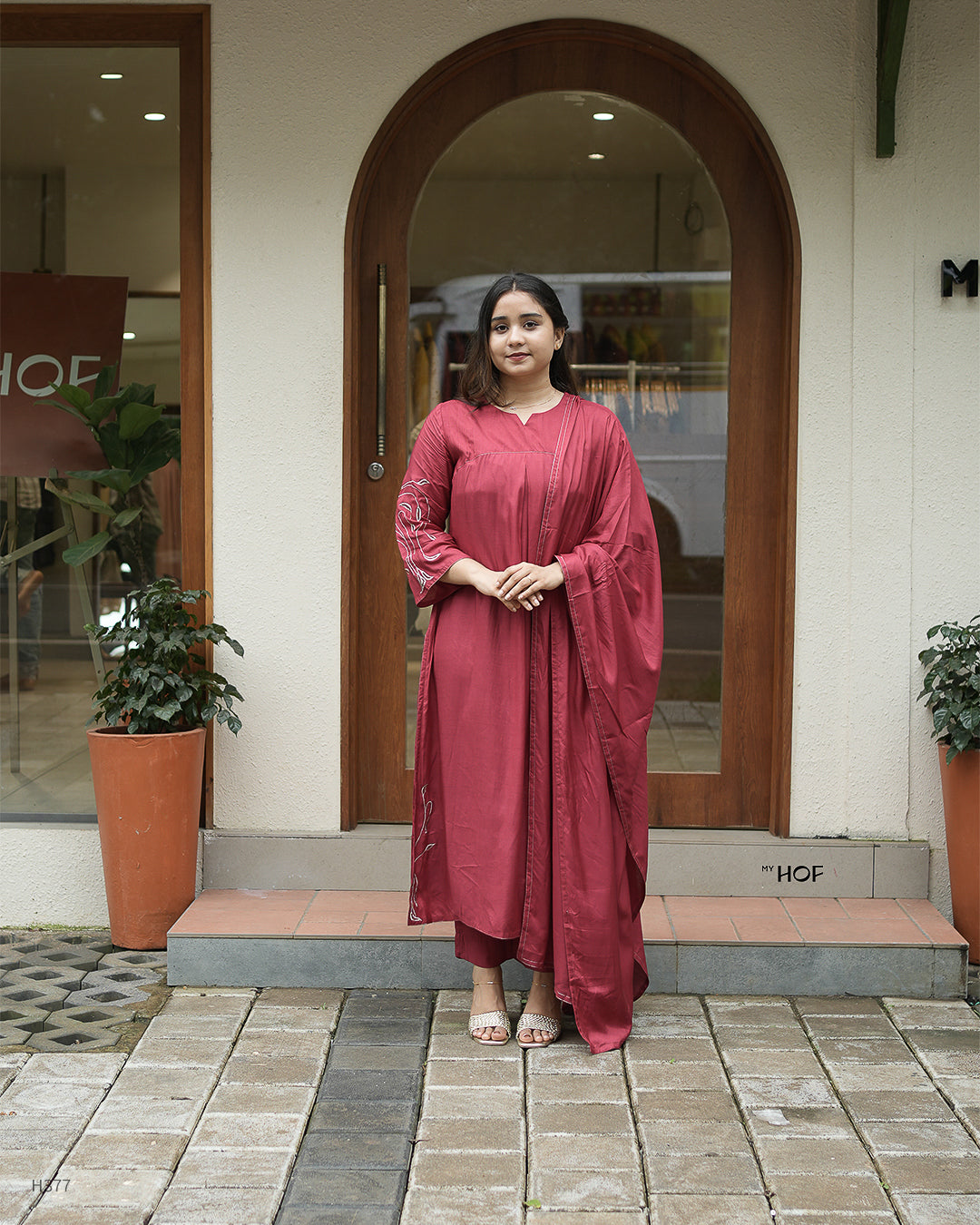 MY HOF Maroon Suit Set With Floral Embroidery In Muslin