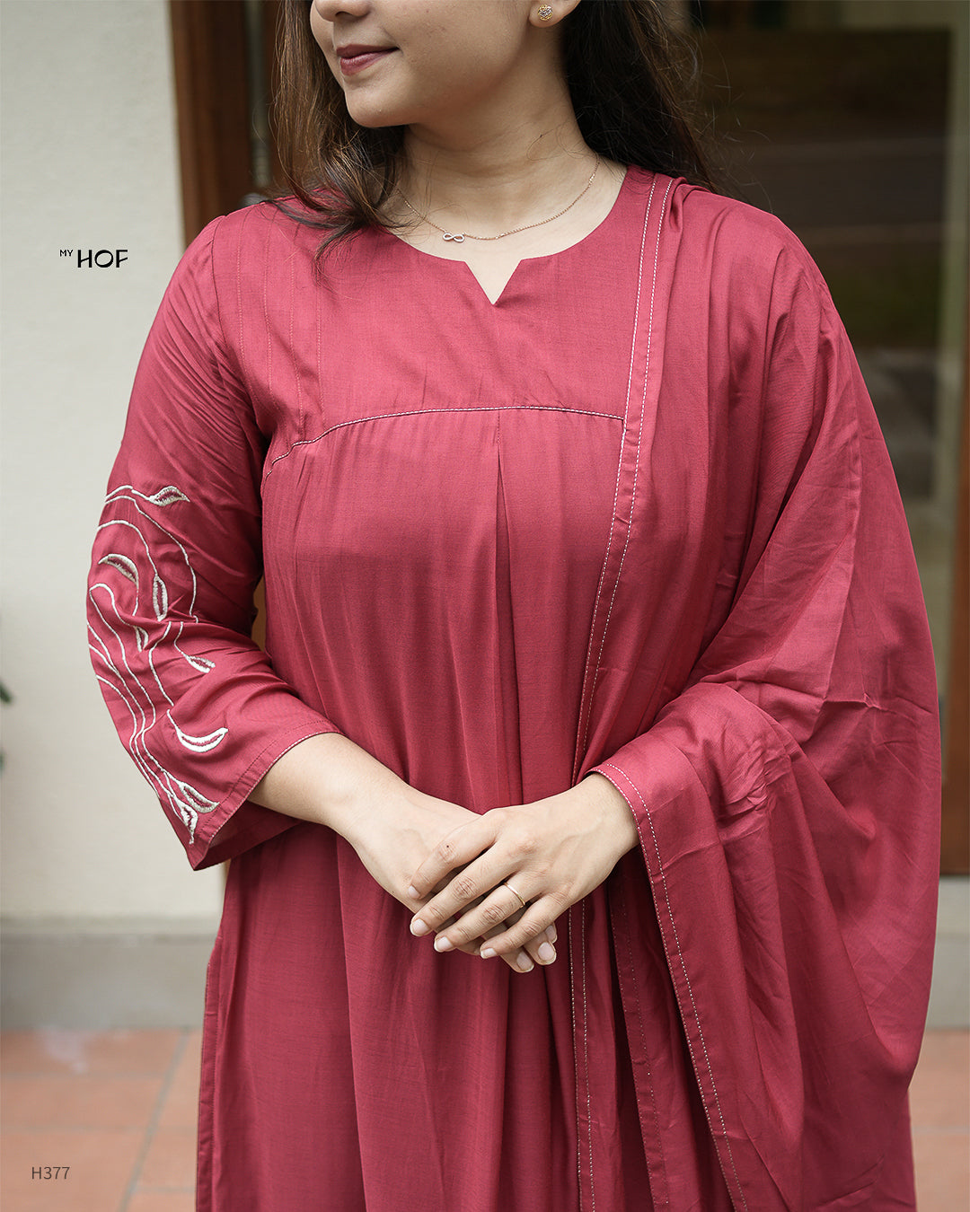 MY HOF Maroon Suit Set With Floral Embroidery In Muslin