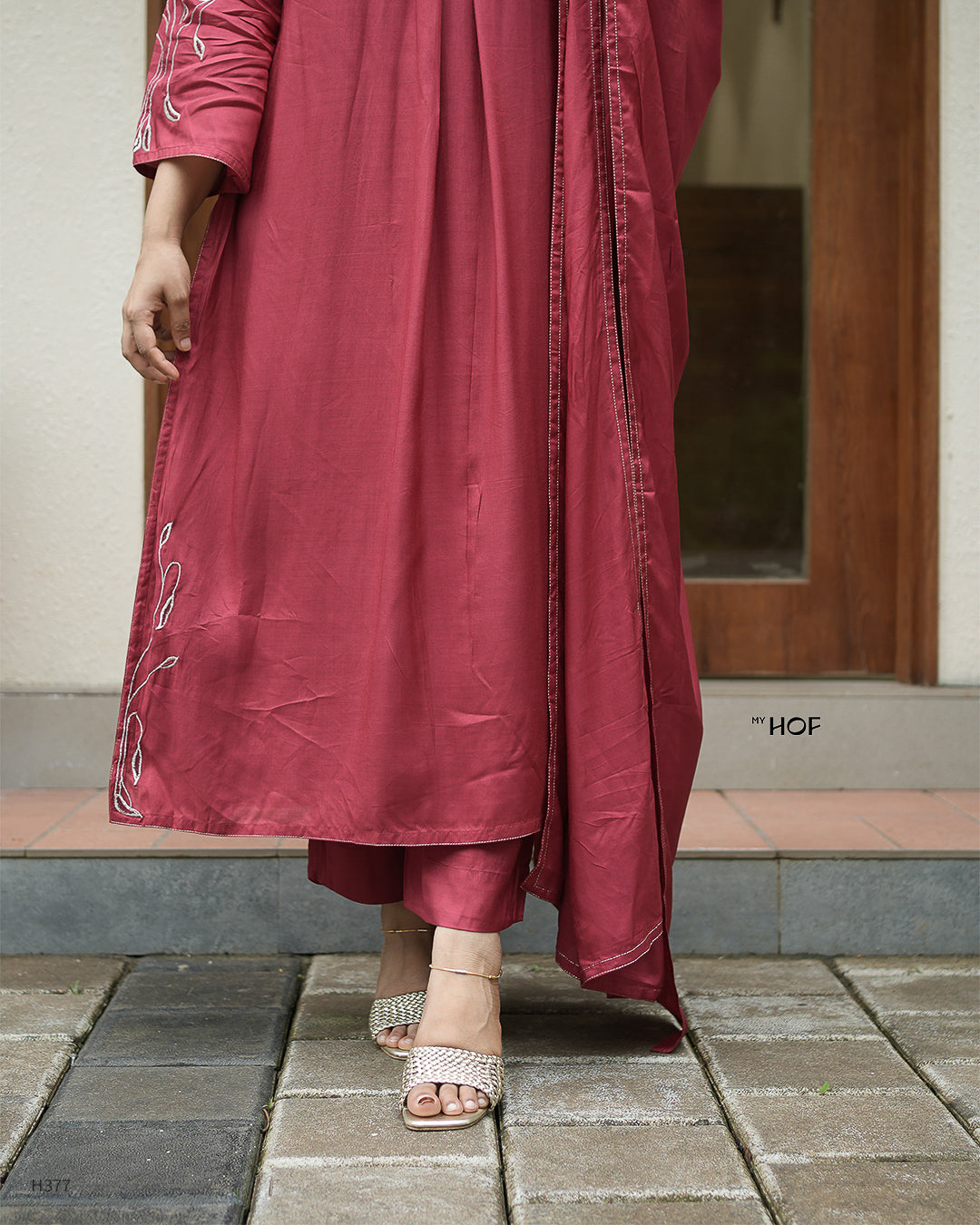 MY HOF Maroon Suit Set With Floral Embroidery In Muslin