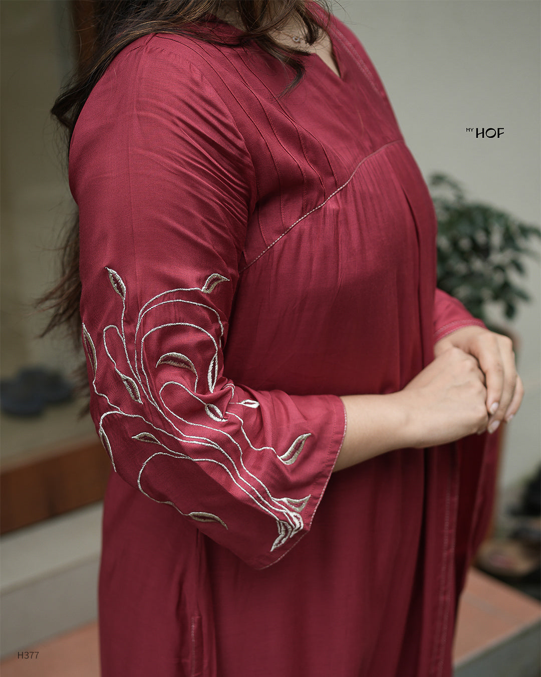 MY HOF Maroon Suit Set With Floral Embroidery In Muslin