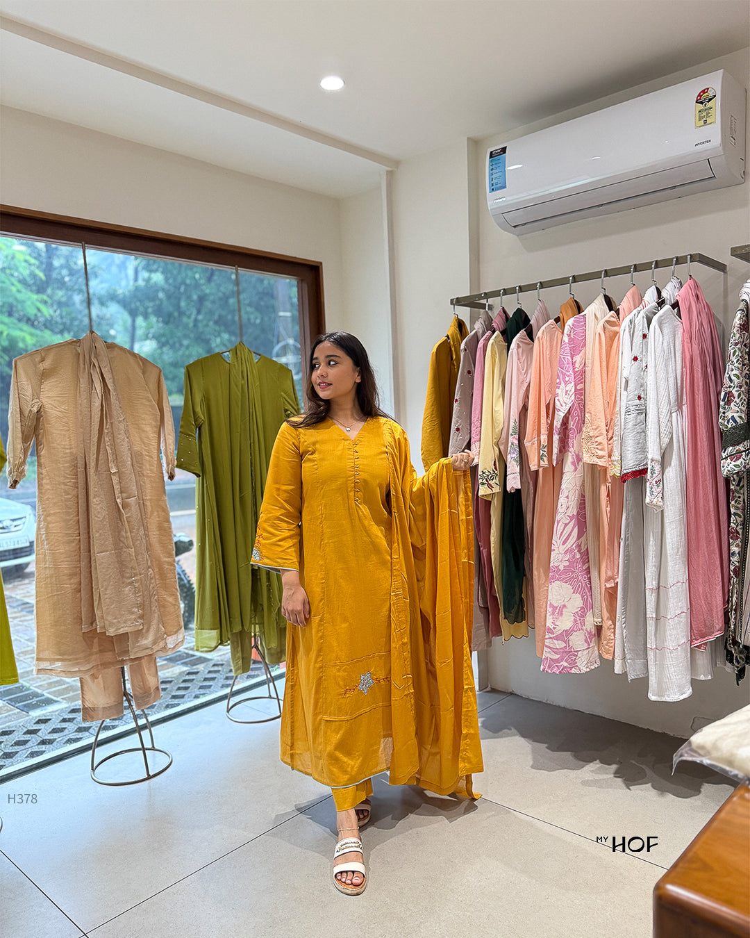 MY HOF Mustard Yellow Suit Set With Hand Embroidery In Mul Cotton