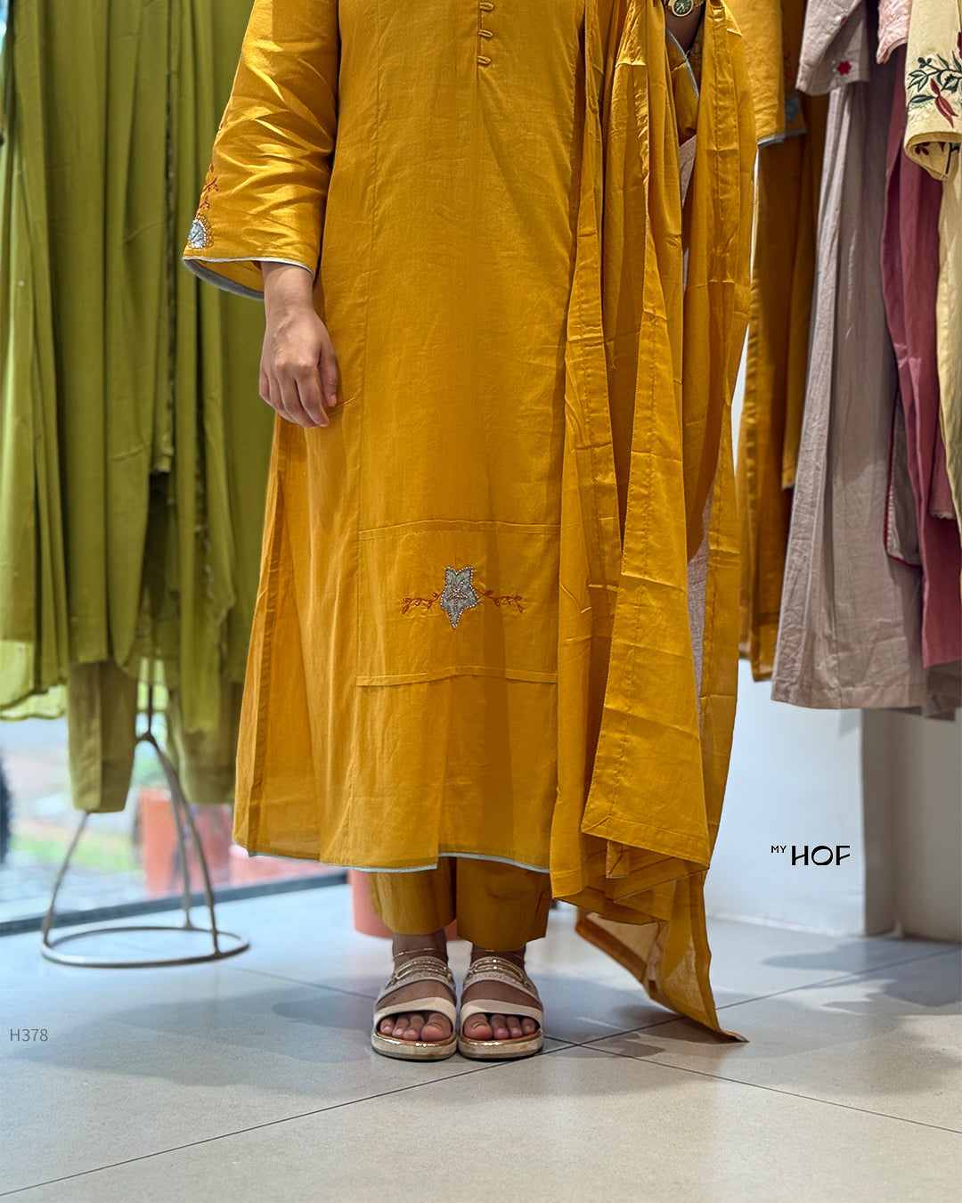 MY HOF Mustard Yellow Suit Set With Hand Embroidery In Mul Cotton
