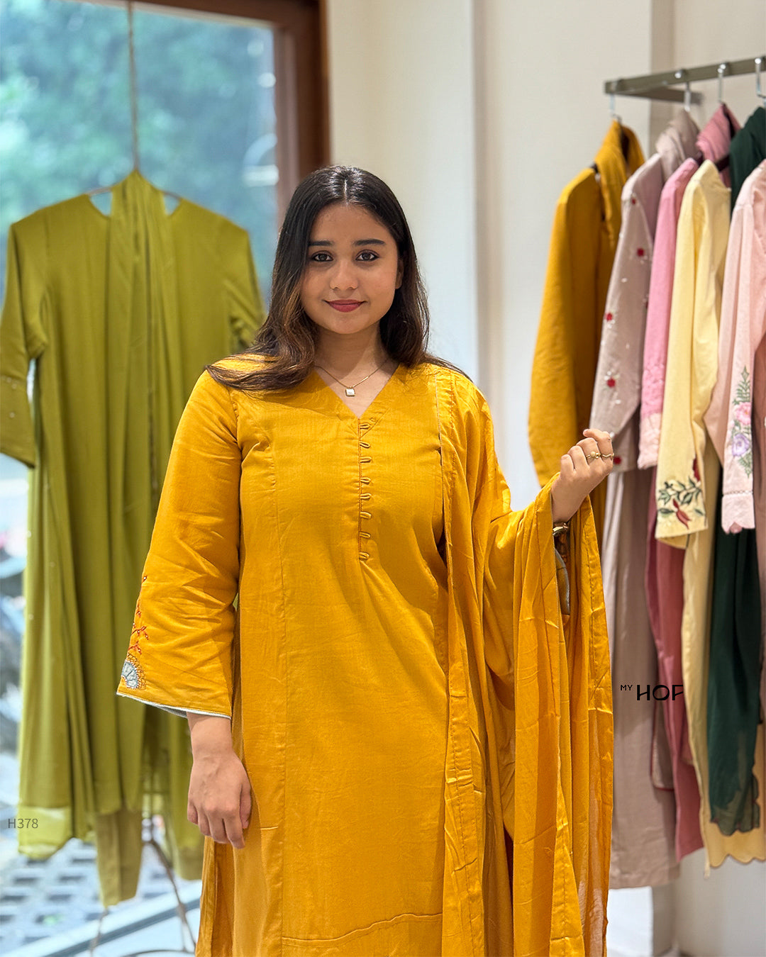 MY HOF Mustard Yellow Suit Set With Hand Embroidery In Mul Cotton