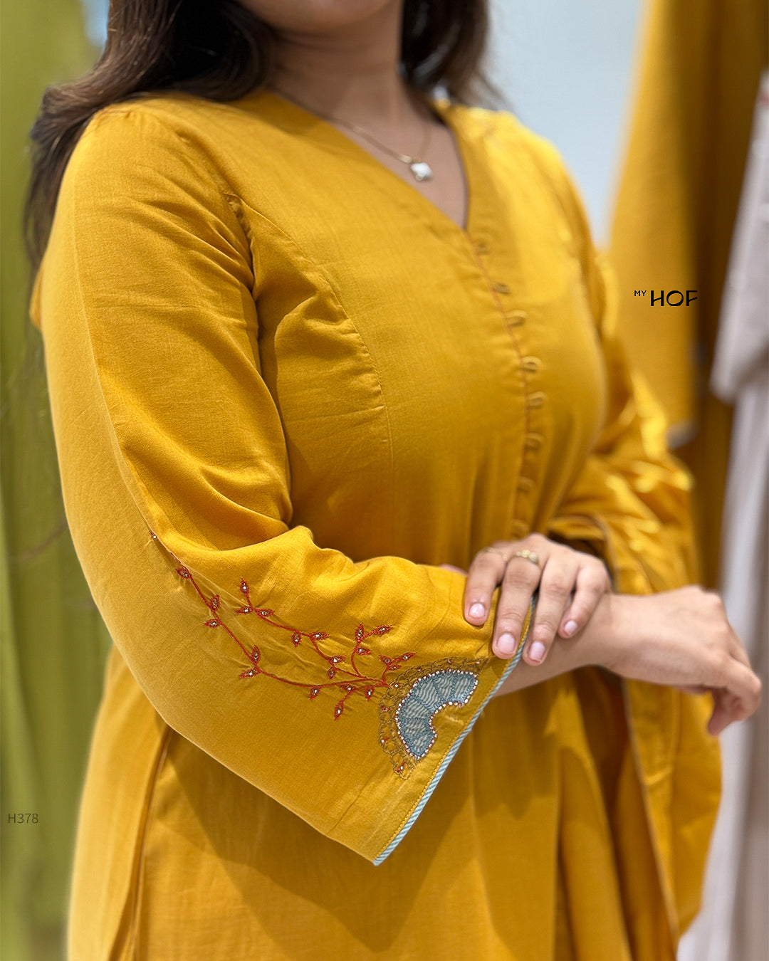 MY HOF Mustard Yellow Suit Set With Hand Embroidery In Mul Cotton
