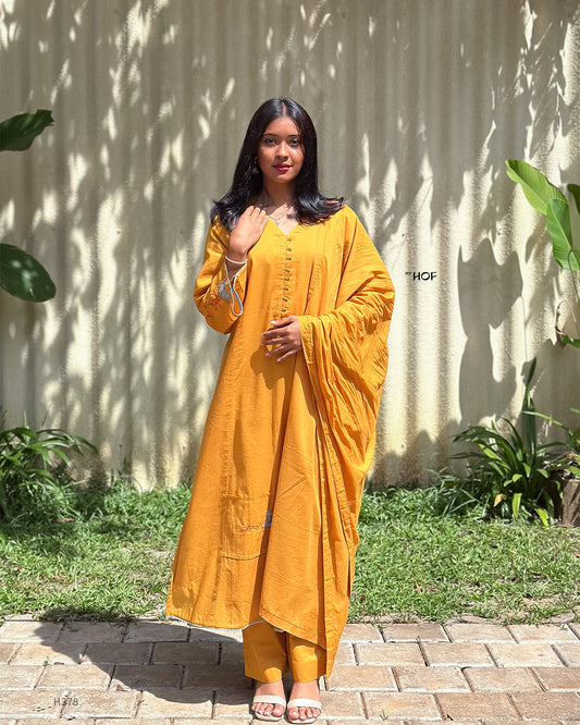 MY HOF Mustard Yellow Suit Set With Hand Embroidery In Mul Cotton