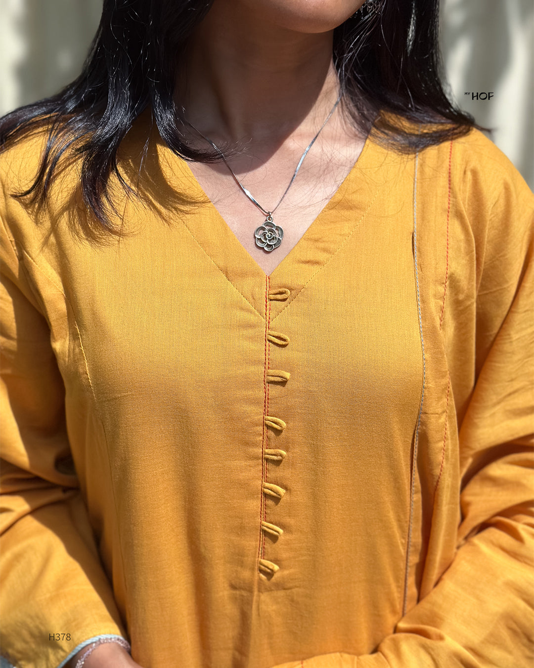 MY HOF Mustard Yellow Suit Set With Hand Embroidery In Mul Cotton