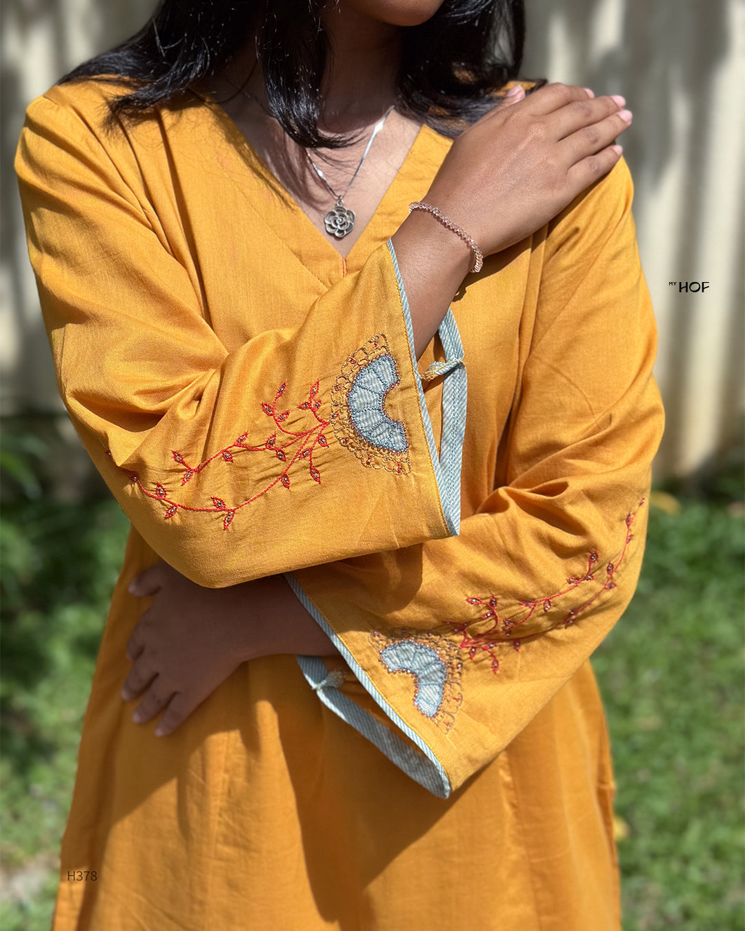 MY HOF Mustard Yellow Suit Set With Hand Embroidery In Mul Cotton