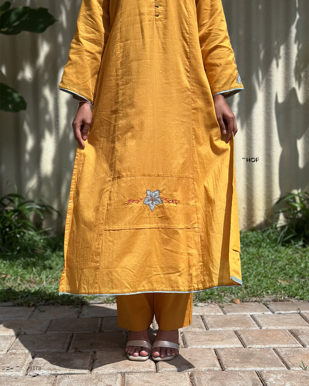 MY HOF Mustard Yellow Suit Set With Hand Embroidery In Mul Cotton