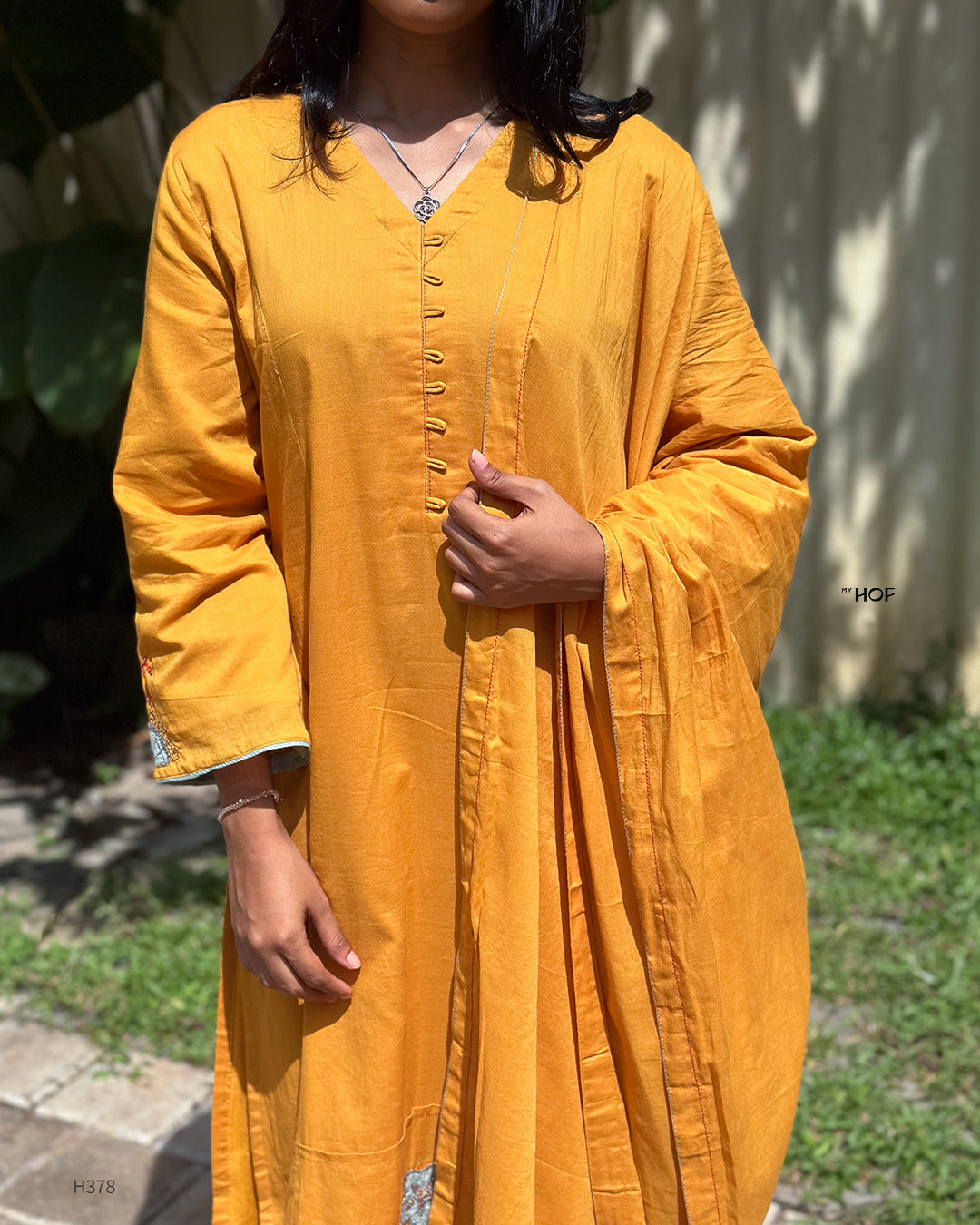 MY HOF Mustard Yellow Suit Set With Hand Embroidery In Mul Cotton