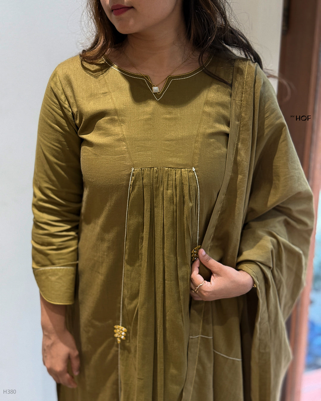 MY HOF Mehndi Green Suit Set With Hand Embroidery In Mul Cotton