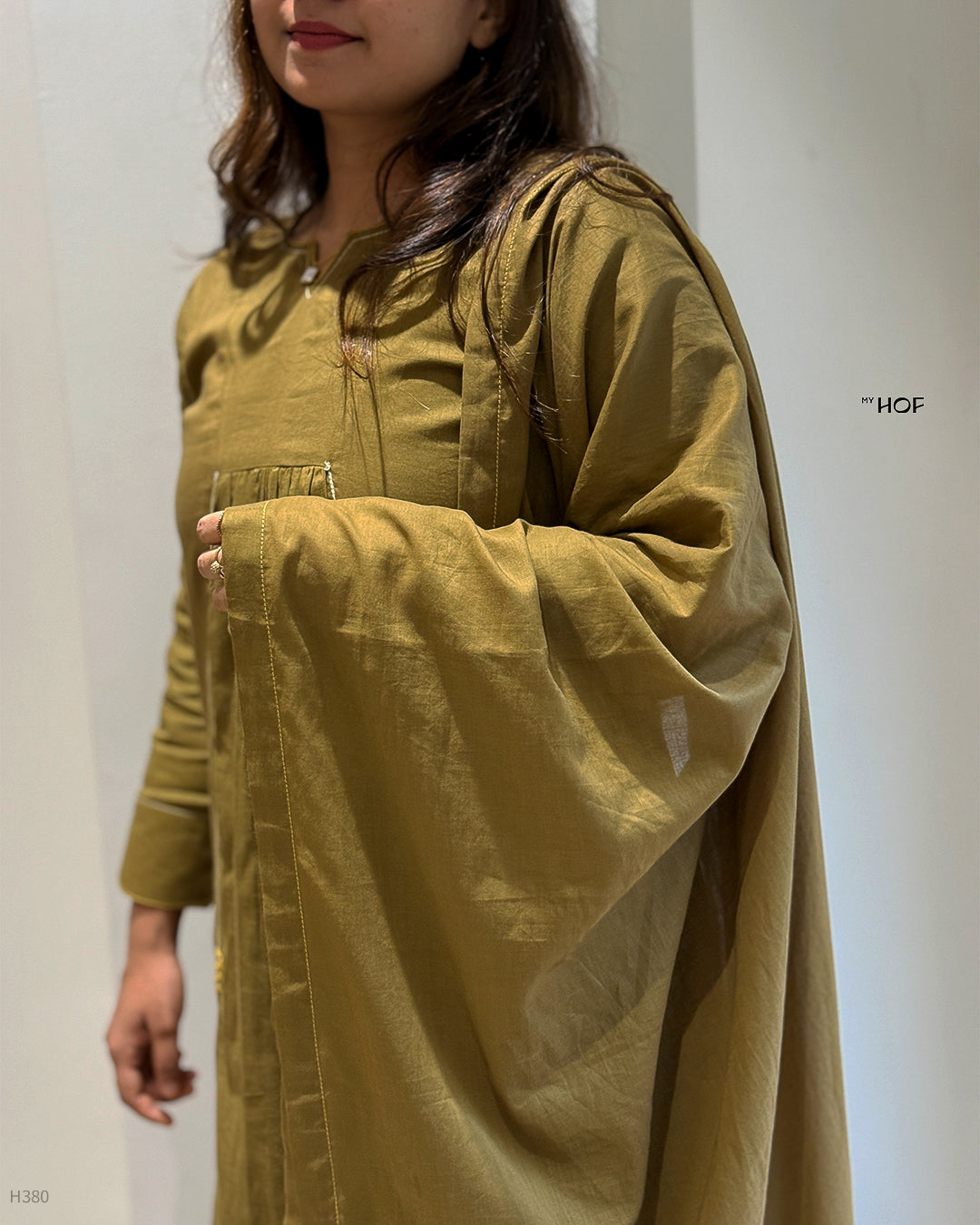 MY HOF Mehndi Green Suit Set With Hand Embroidery In Mul Cotton