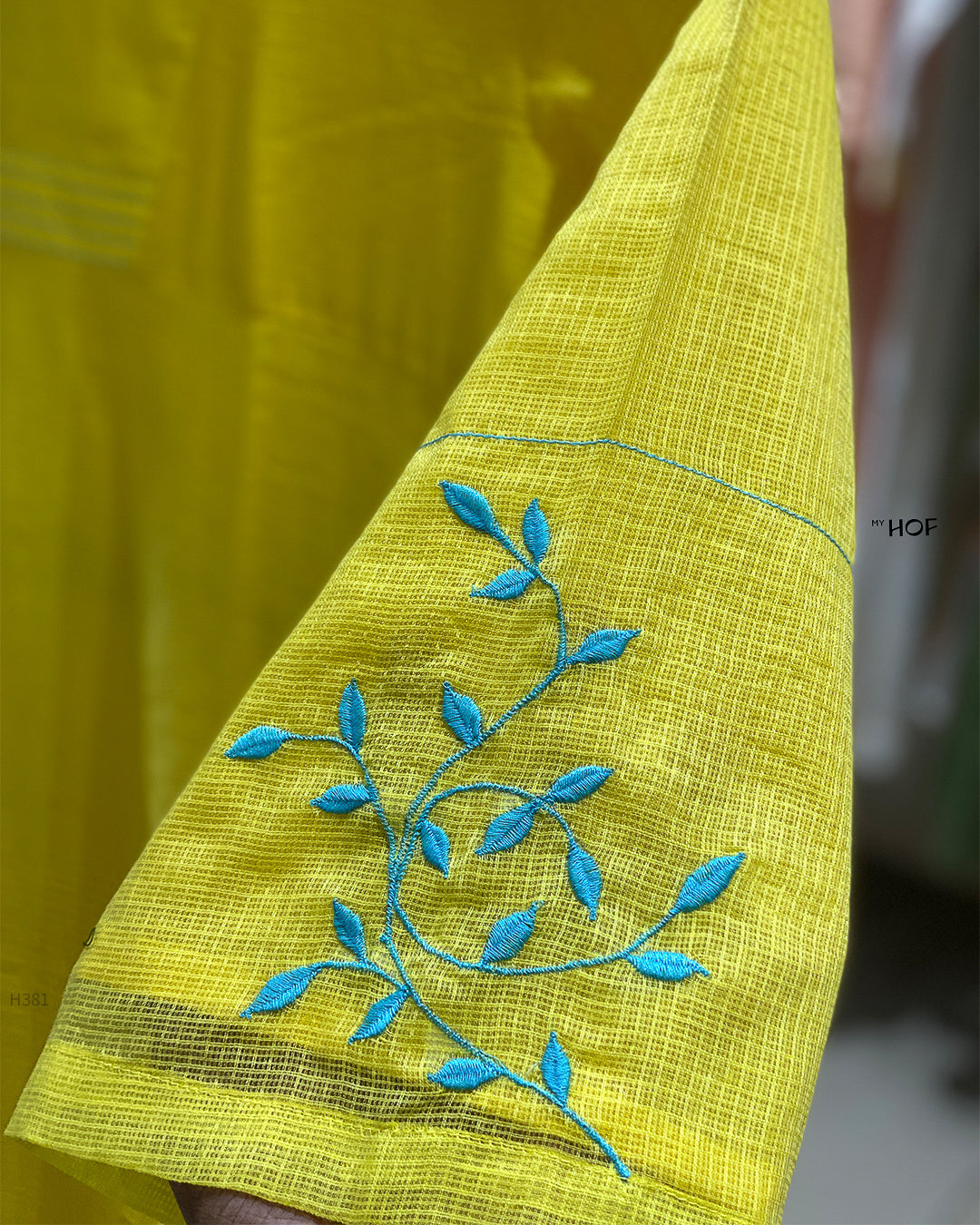 MY HOF Bright Yellow Suit Set With Leaf Embroidery In Kotta Checks