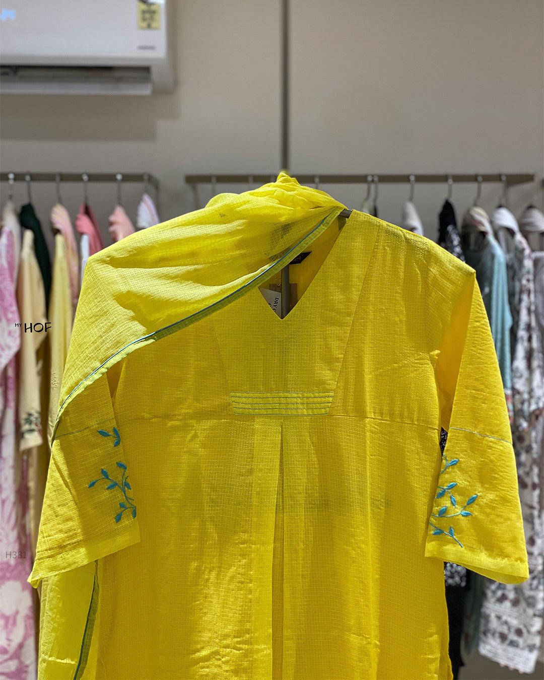 MY HOF Bright Yellow Suit Set With Leaf Embroidery In Kotta Checks