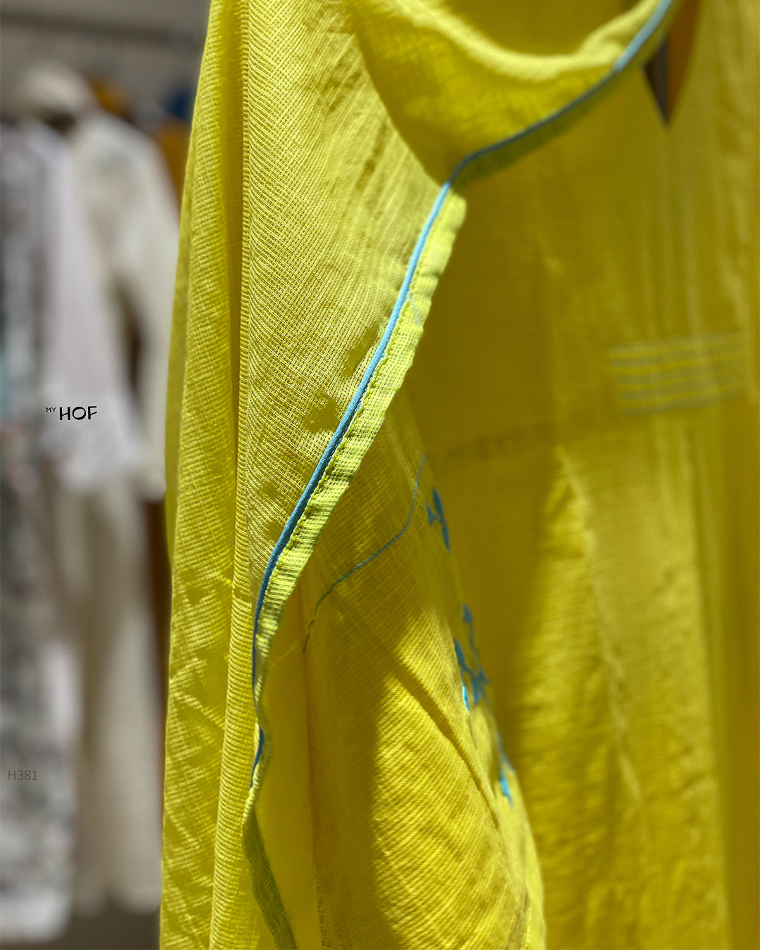 MY HOF Bright Yellow Suit Set With Leaf Embroidery In Kotta Checks