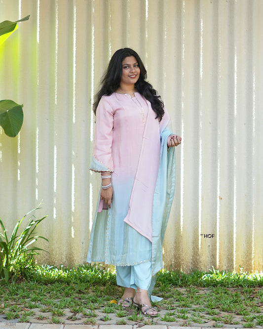 MY HOF Pastel Pink Dual Shade Suit Set In Tissue Silk
