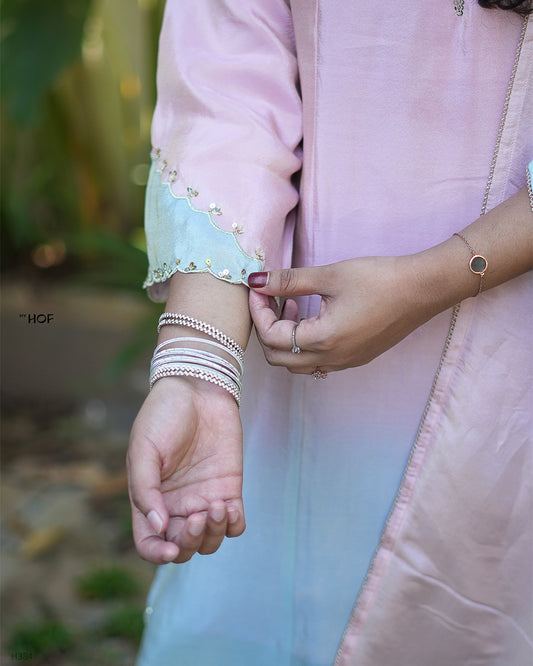 MY HOF Pastel Pink Dual Shade Suit Set In Tissue Silk