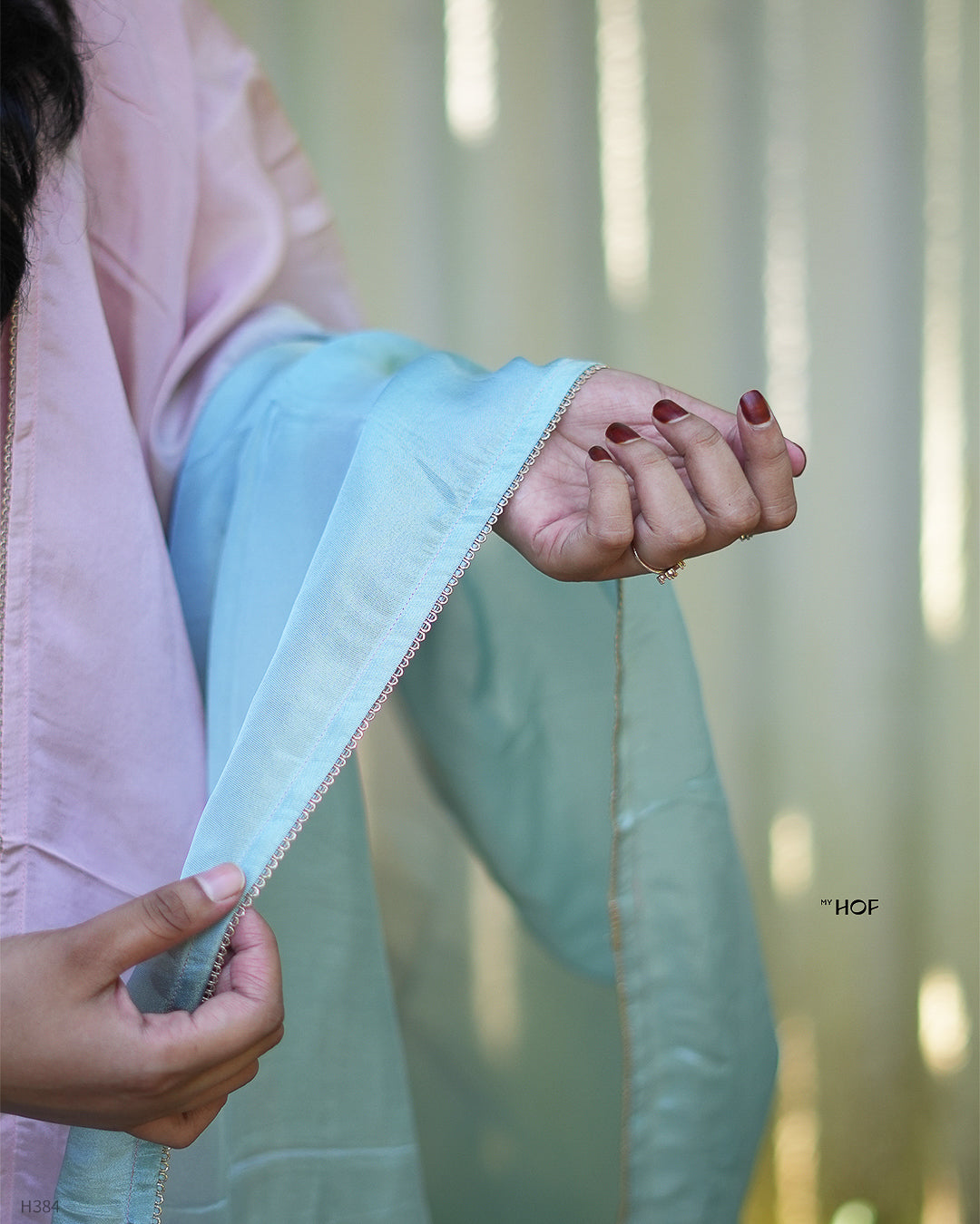 MY HOF Pastel Pink Dual Shade Suit Set In Tissue Silk