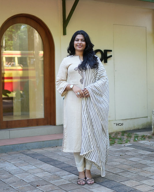 MY HOF Beige Suit Set With Embroidery In Cotton