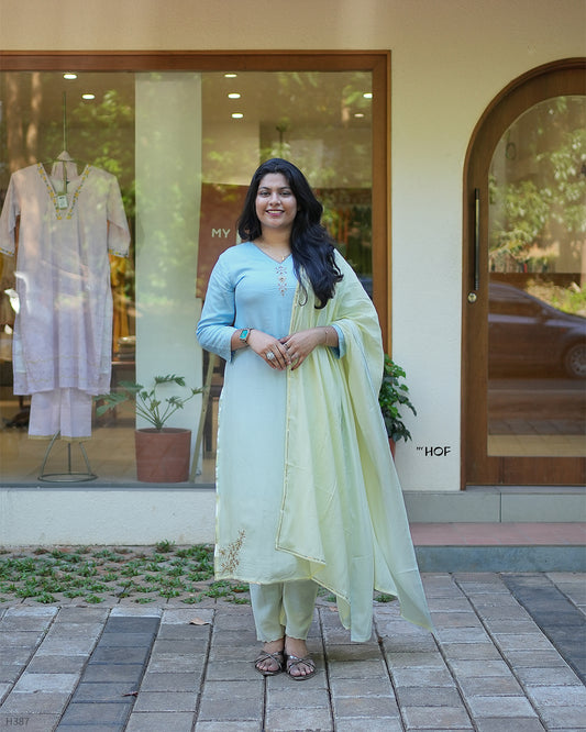 MY HOF Pastel Blue Dual Shade Suit Set In Muslin