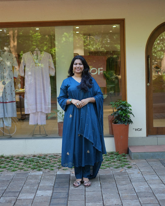 MY HOF Teal Blue Suit Set With Hand Embroidery In Crepe