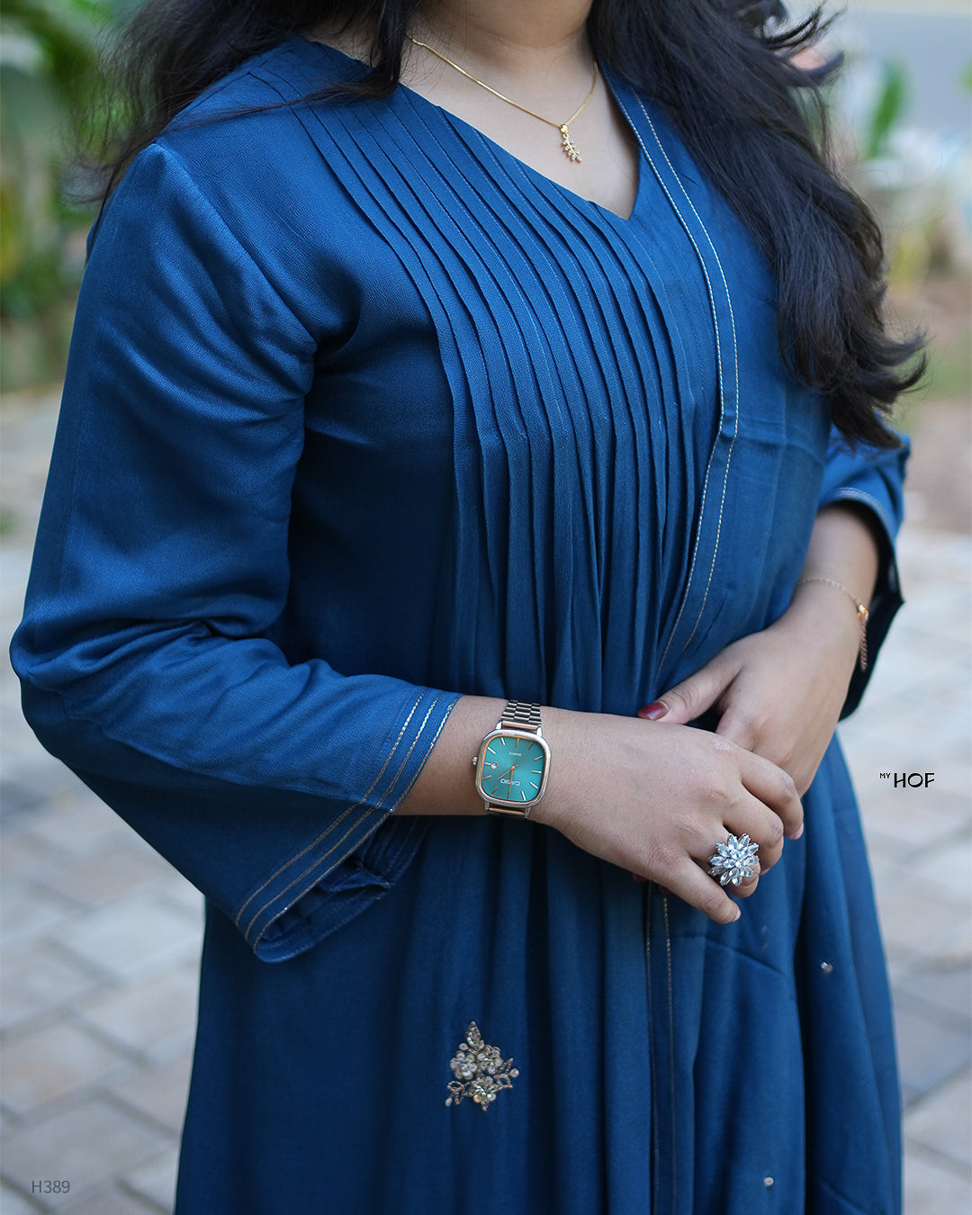 MY HOF Teal Blue Suit Set With Hand Embroidery In Crepe