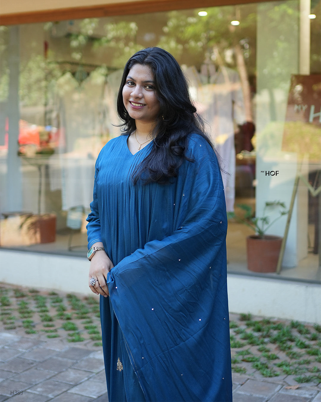 MY HOF Teal Blue Suit Set With Hand Embroidery In Crepe