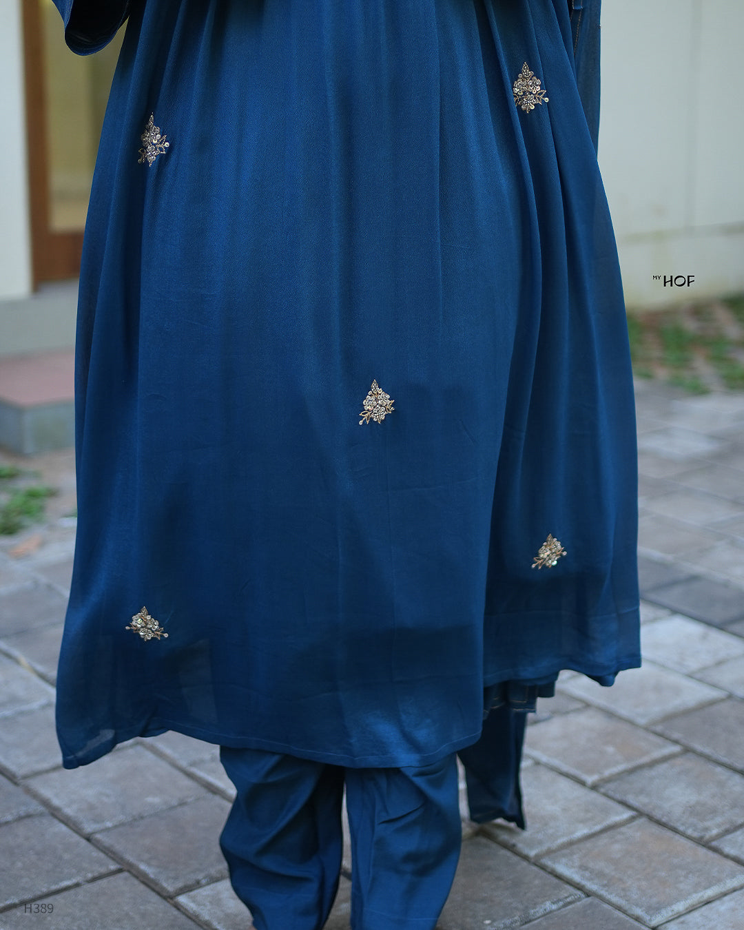 MY HOF Teal Blue Suit Set With Hand Embroidery In Crepe