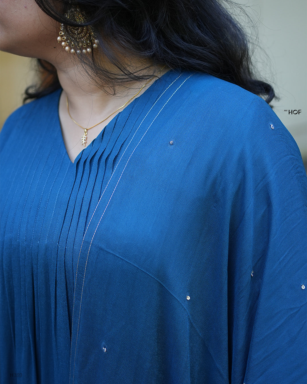 MY HOF Teal Blue Suit Set With Hand Embroidery In Crepe