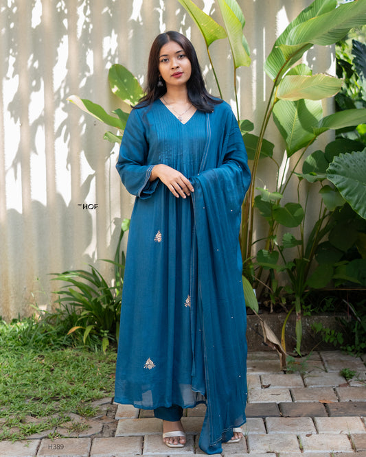 MY HOF Teal Blue Suit Set With Hand Embroidery In Crepe