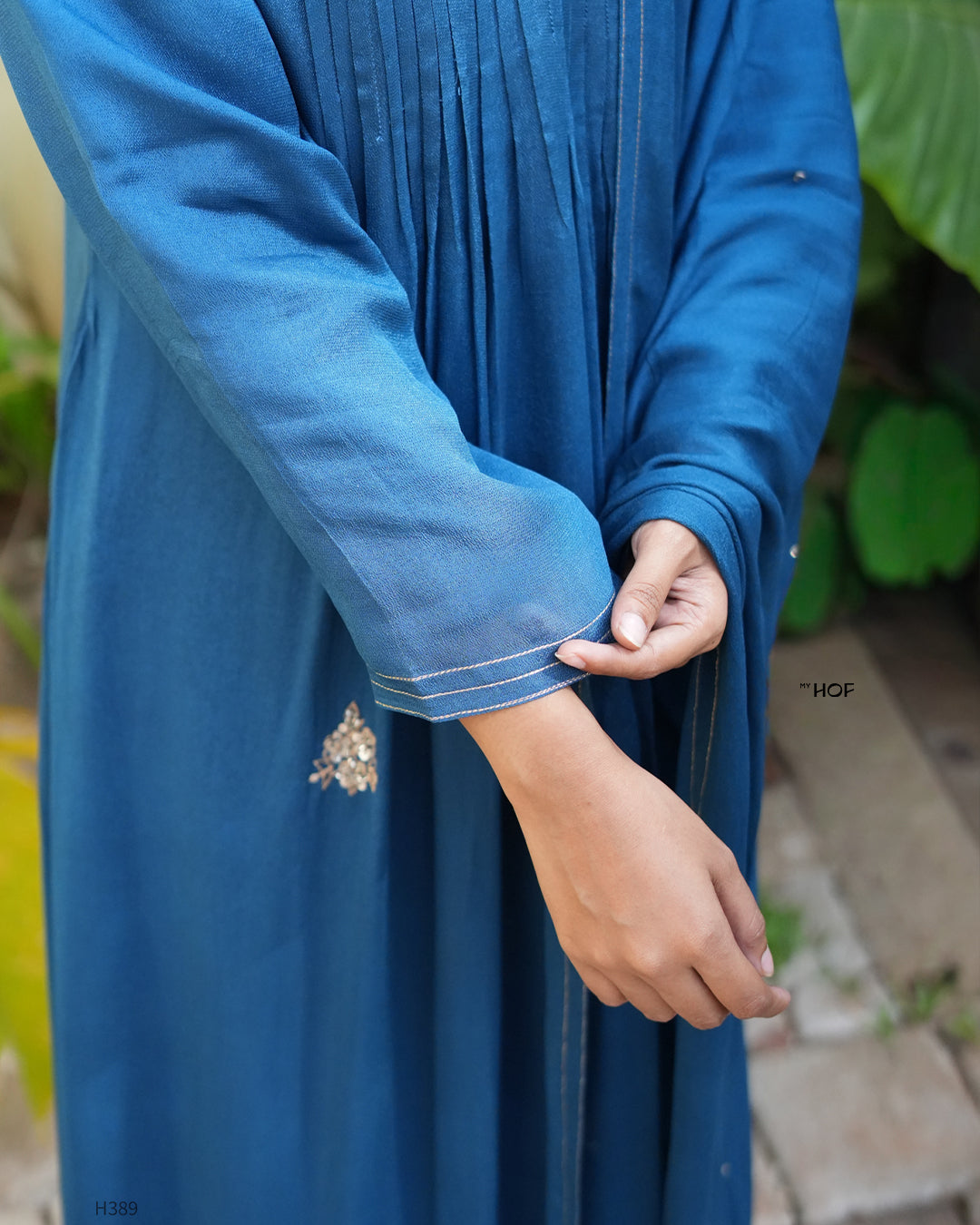 MY HOF Teal Blue Suit Set With Hand Embroidery In Crepe